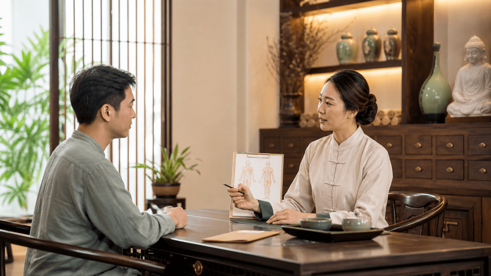 Thầy thuốc trao đổi với người bệnh trước buổi chăm sóc bằng tay