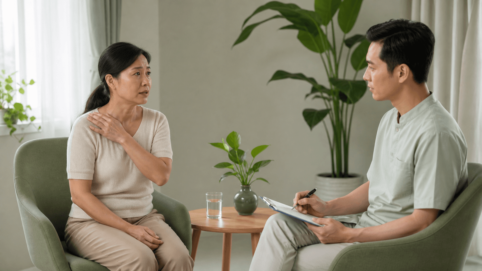 Thầy thuốc trao đổi với người bệnh trước buổi chăm sóc bằng tay