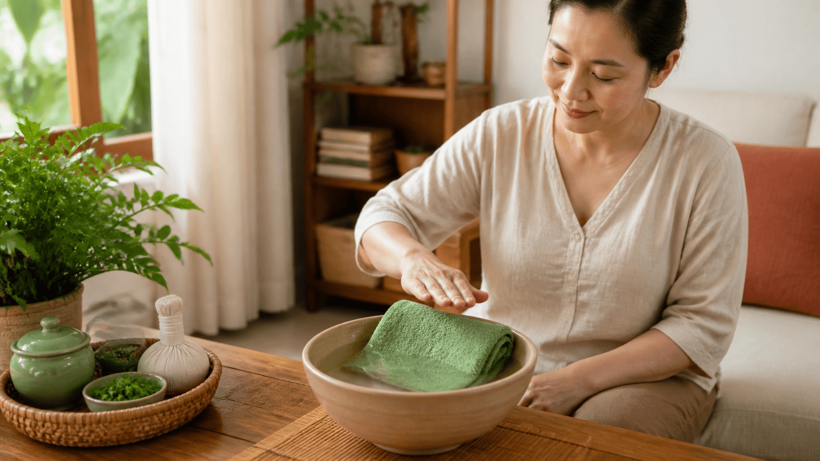 Người dùng kiểm tra độ ấm của khăn chườm trước khi đặt lên vùng cơ