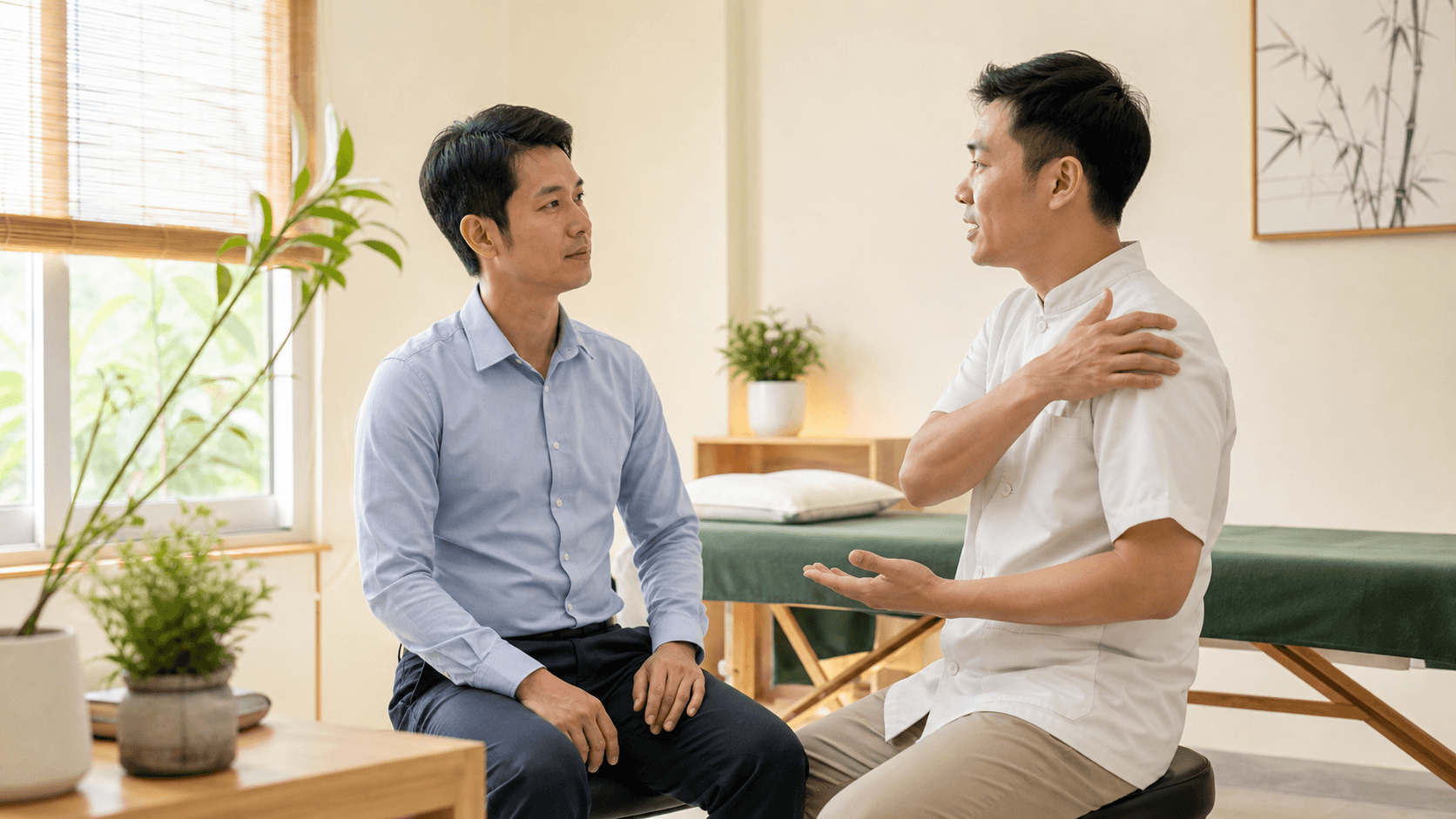 Nhân viên y tế tư vấn tình trạng căng mỏi cổ vai gáy cho người bệnh