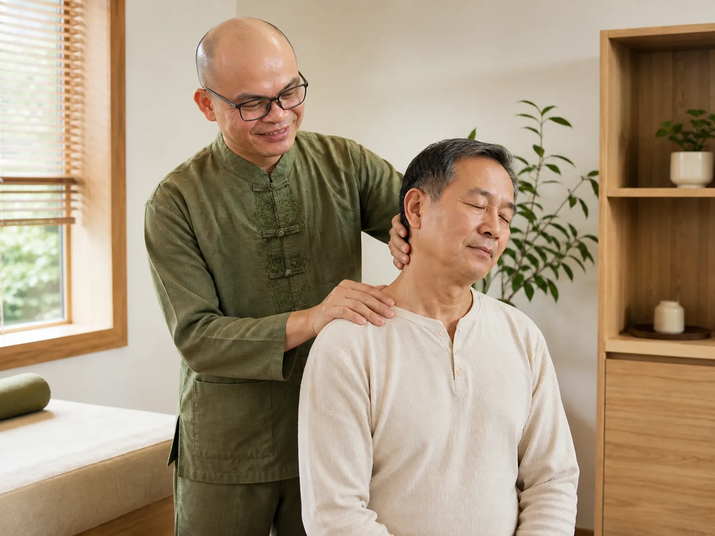 Kỹ thuật viên hỗ trợ trị liệu vùng cổ vai gáy cho người lớn tuổi