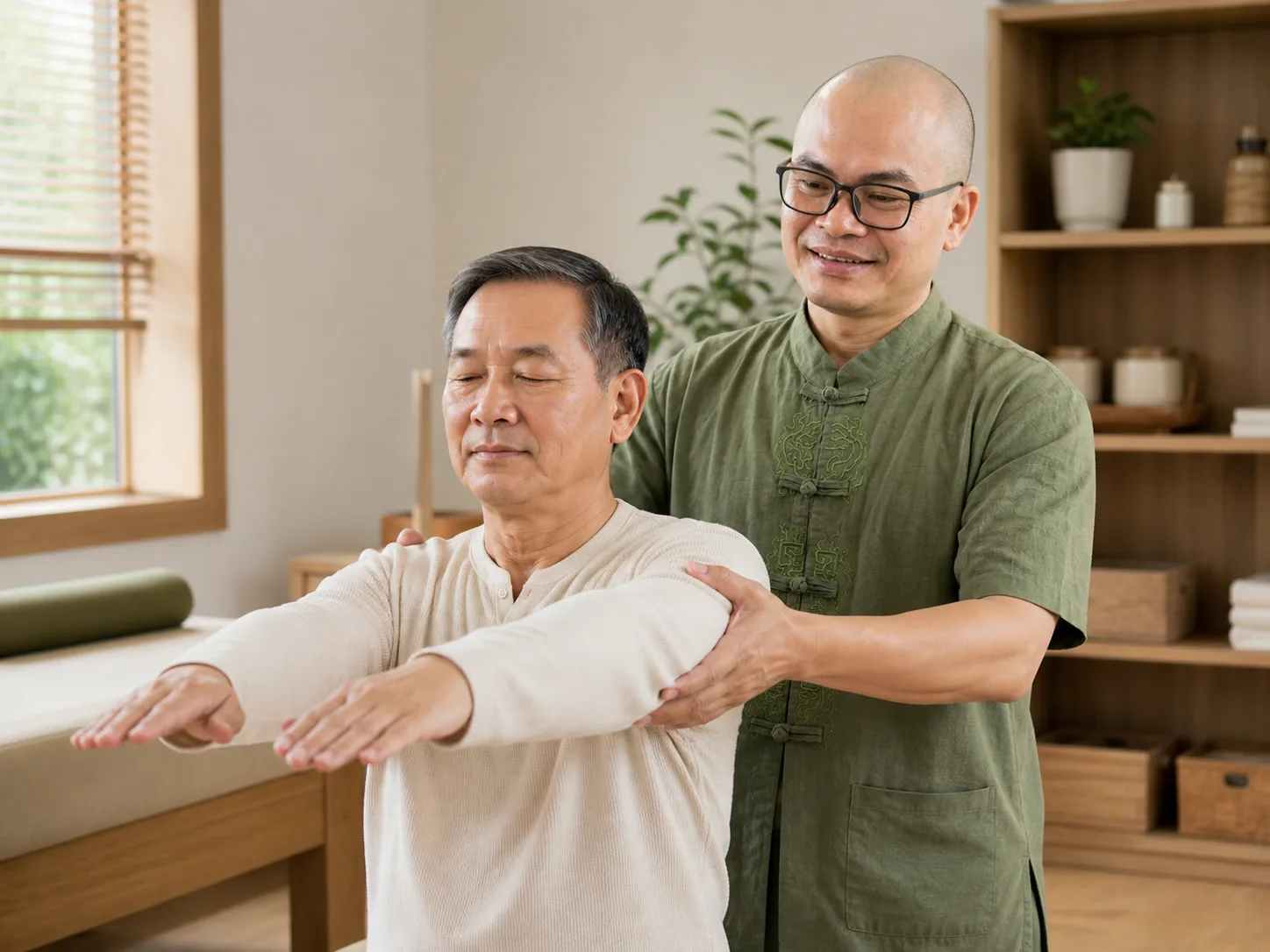 Người lớn tuổi tập vận động với sự hỗ trợ của kỹ thuật viên